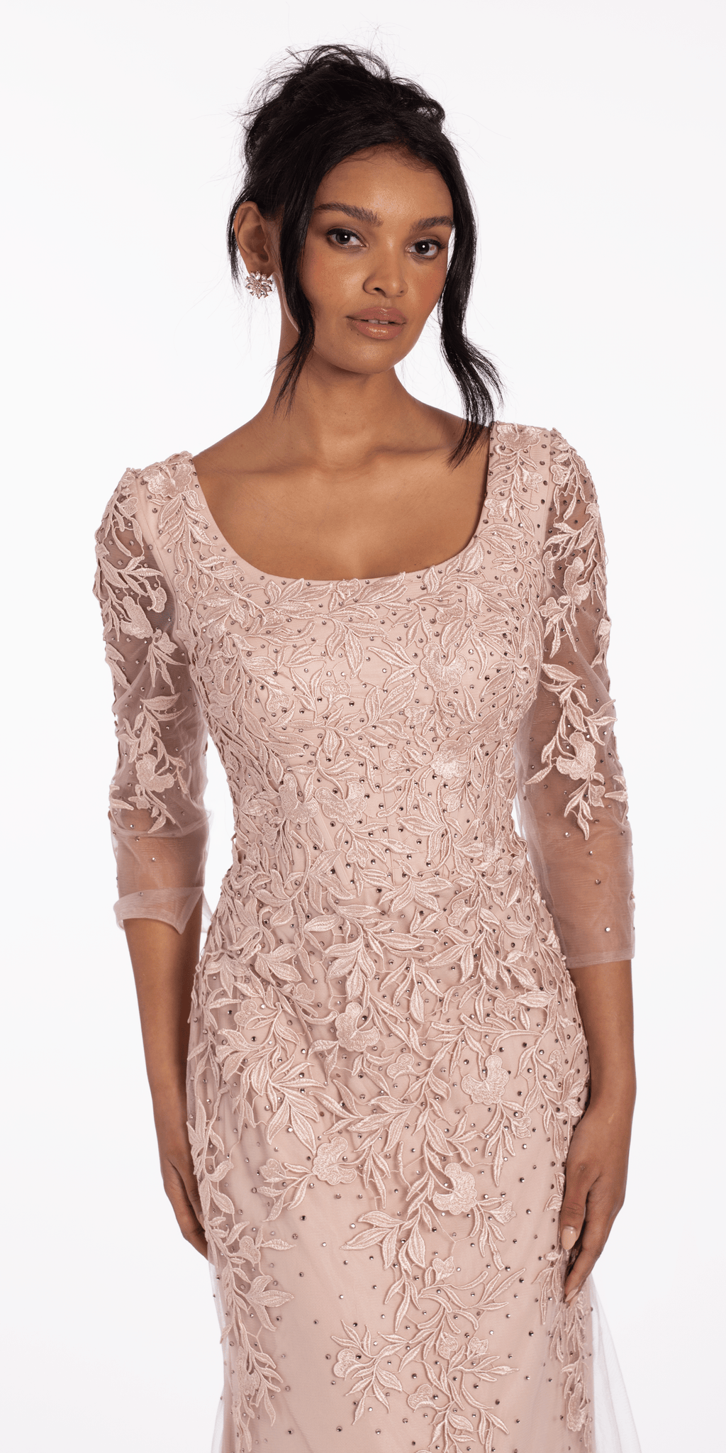 3/4 Sleeve Mesh Embroidered Column Dress with Heat Set Beads