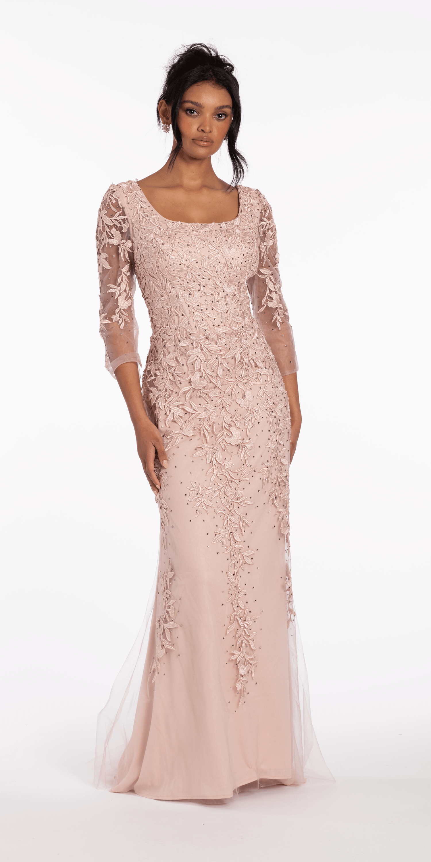 3/4 Sleeve Mesh Embroidered Column Dress with Heat Set Beads