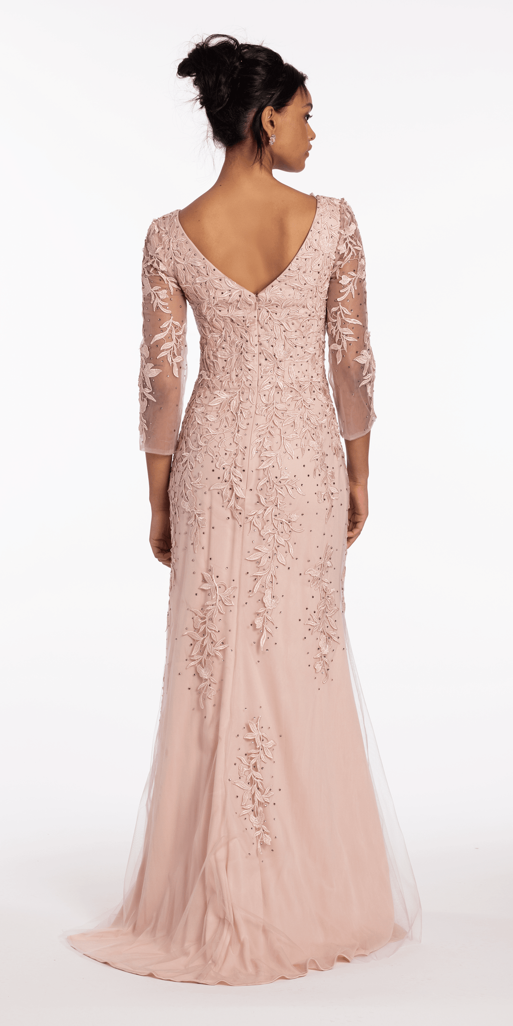 3/4 Sleeve Mesh Embroidered Column Dress with Heat Set Beads