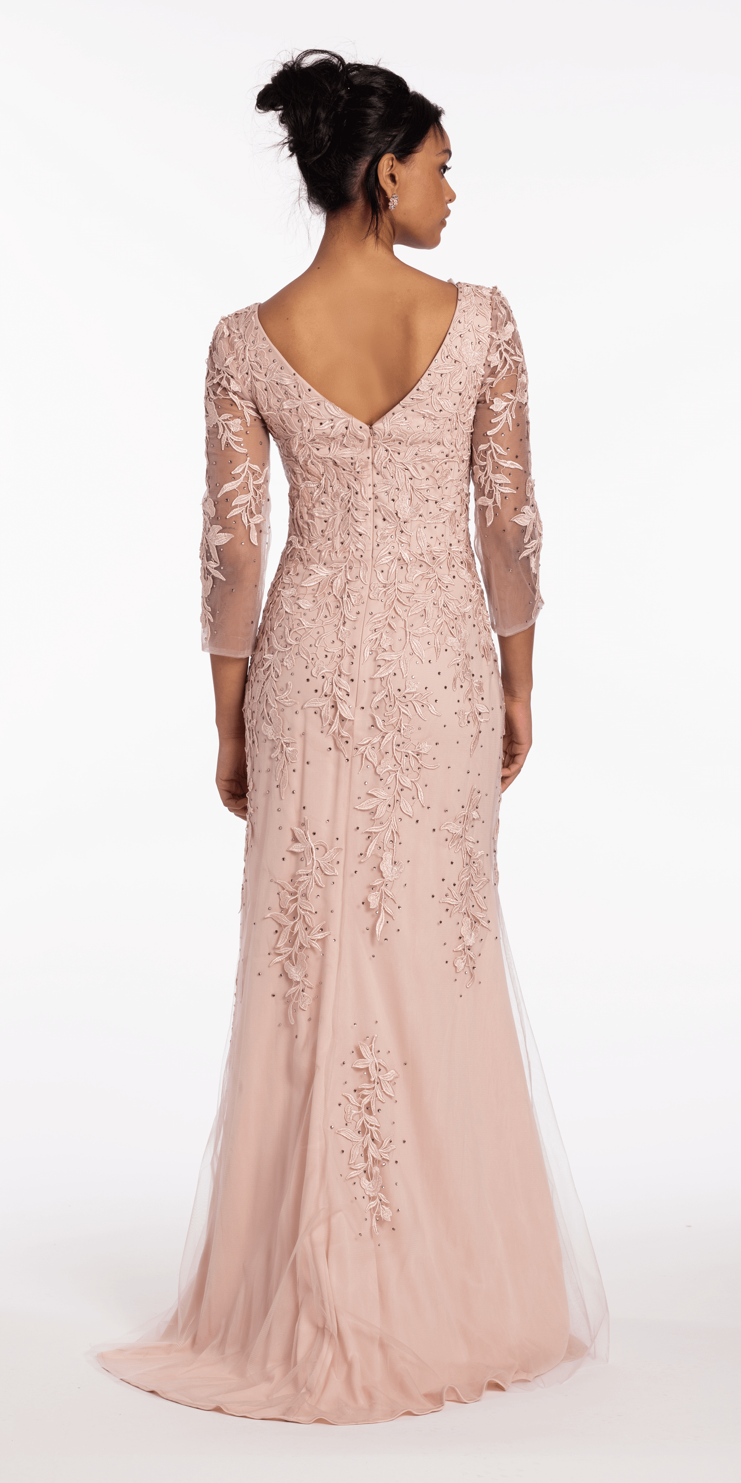 3/4 Sleeve Mesh Embroidered Column Dress with Heat Set Beads