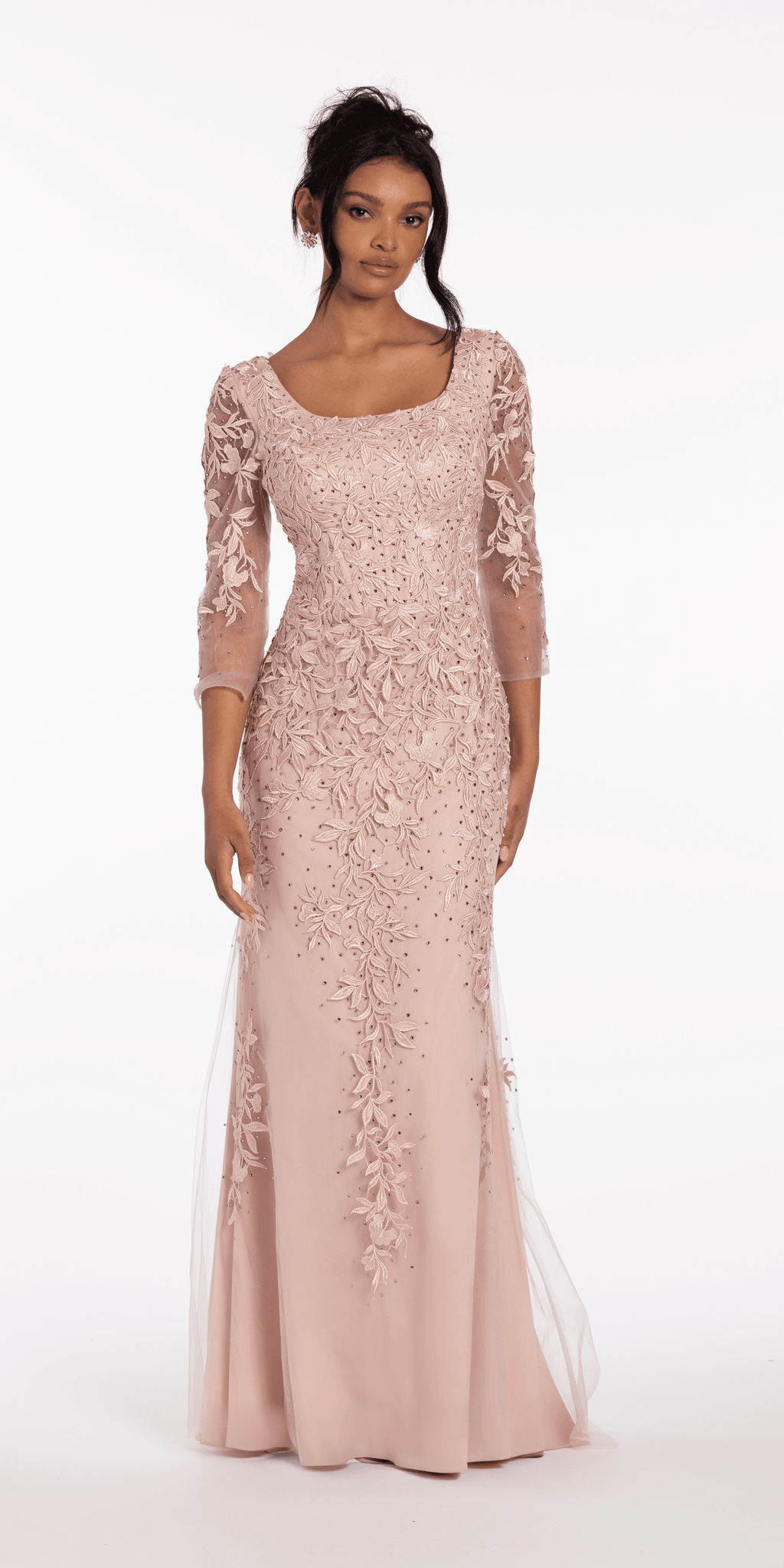 3/4 Sleeve Mesh Embroidered Column Dress with Heat Set Beads